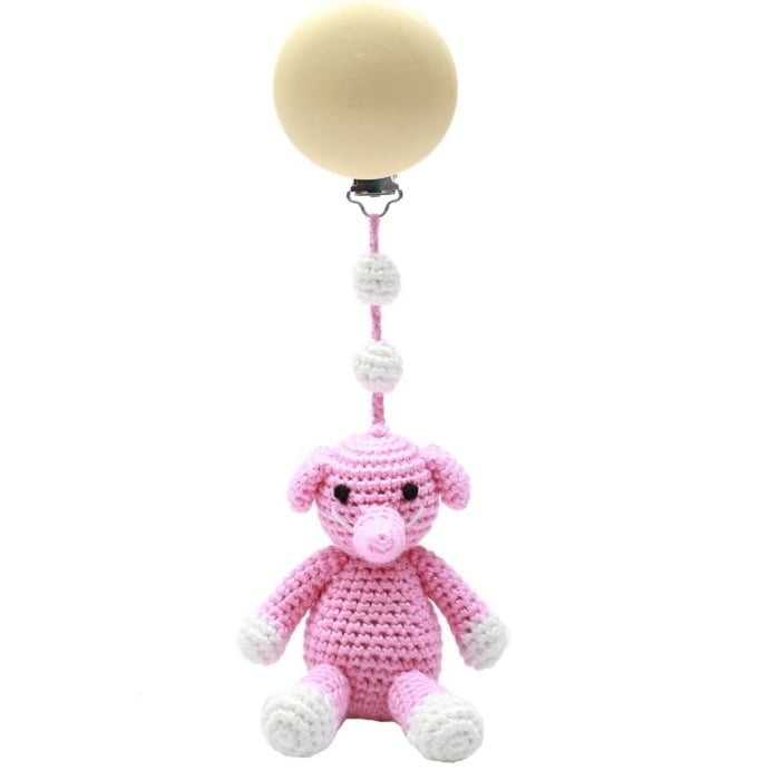 Hæklet barnevognsophæng - elefant (pink)