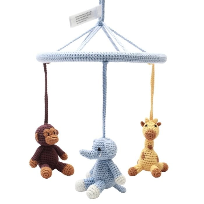 Crochet  Mobile - Monkey, Giraffe & Elephant (light blue)