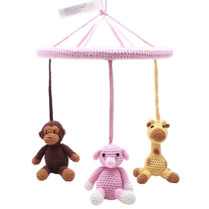 Crochet  Mobile - Monkey, Giraffe & Elephant (light pink)