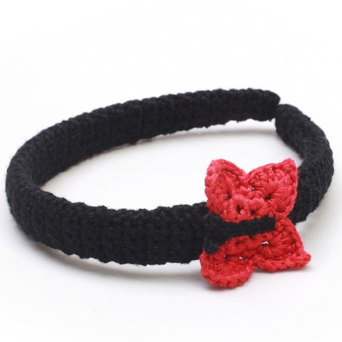 Crochet Hair Band with Butterfly - Black